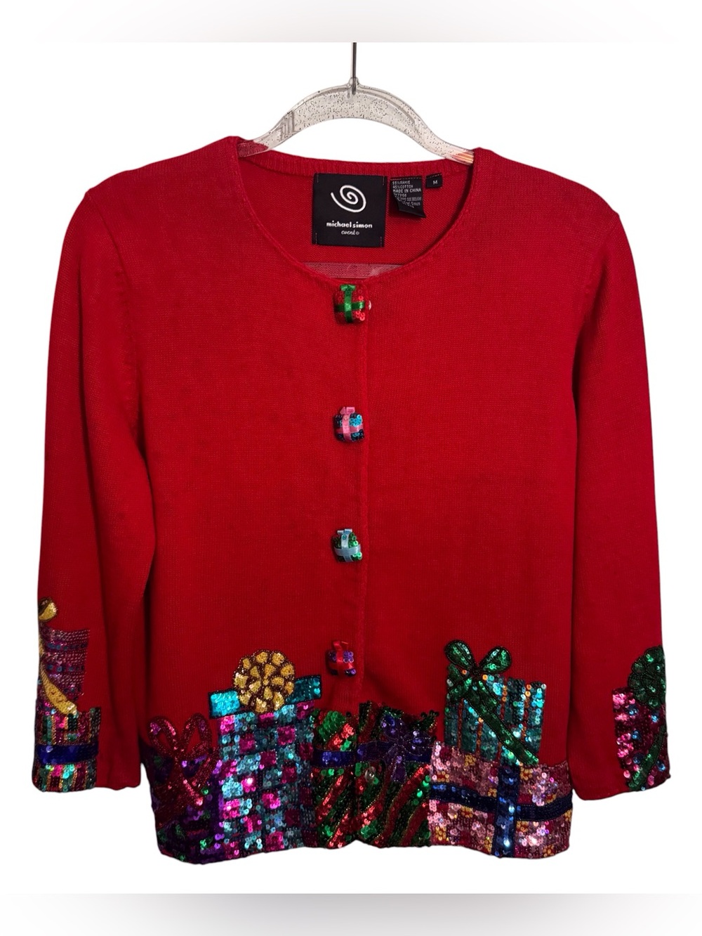 Michael Simon Medium Red Christmas Cardigan Sweater Holiday Sequins Button Up